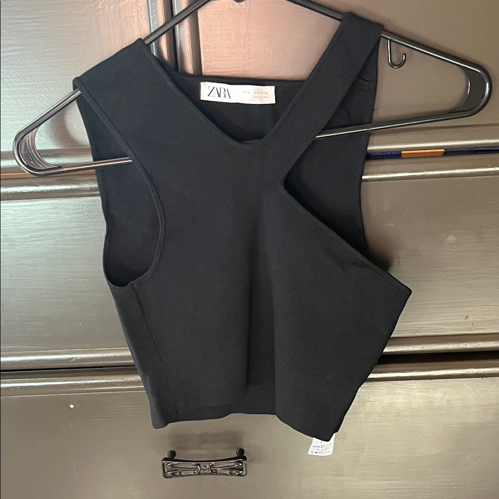 ZARA Black Asymmetric Cropped Tank with Cutout Detail